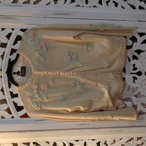 1960s Cashmere Cardigan/Cream with Pastel/Hand Beaded